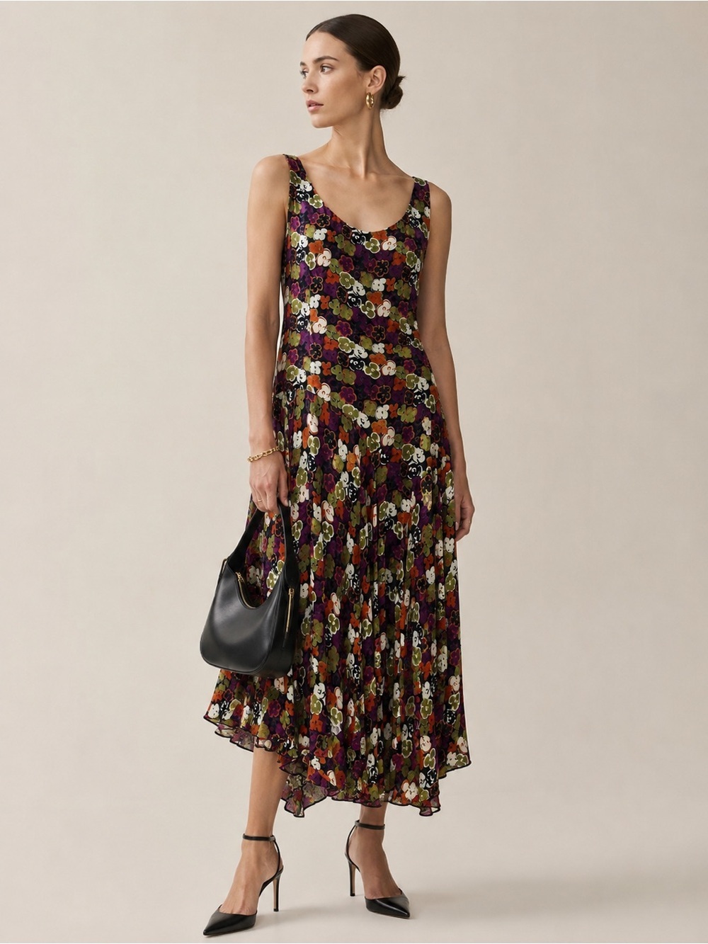 JONES NEW YORK 100% Silk Floral Midi Dress Handkerchief Hem Sleeveless - Picture 4 of 12